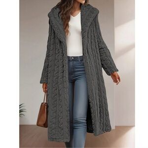Charcoal Gray Solid Textured Open Front Long Hoodie Jacket Coat S M L XL XXL